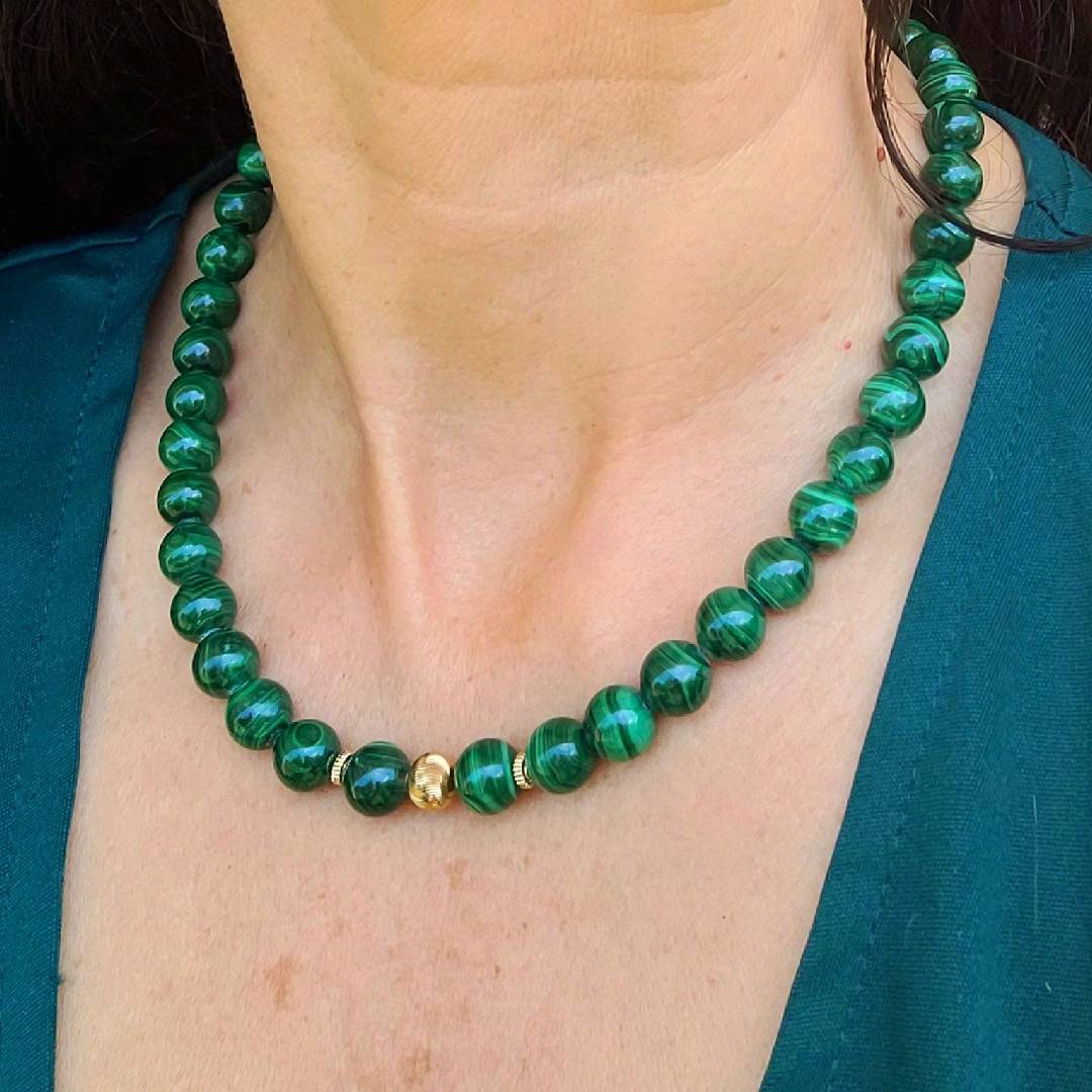 collier boules Malachite perle or-B