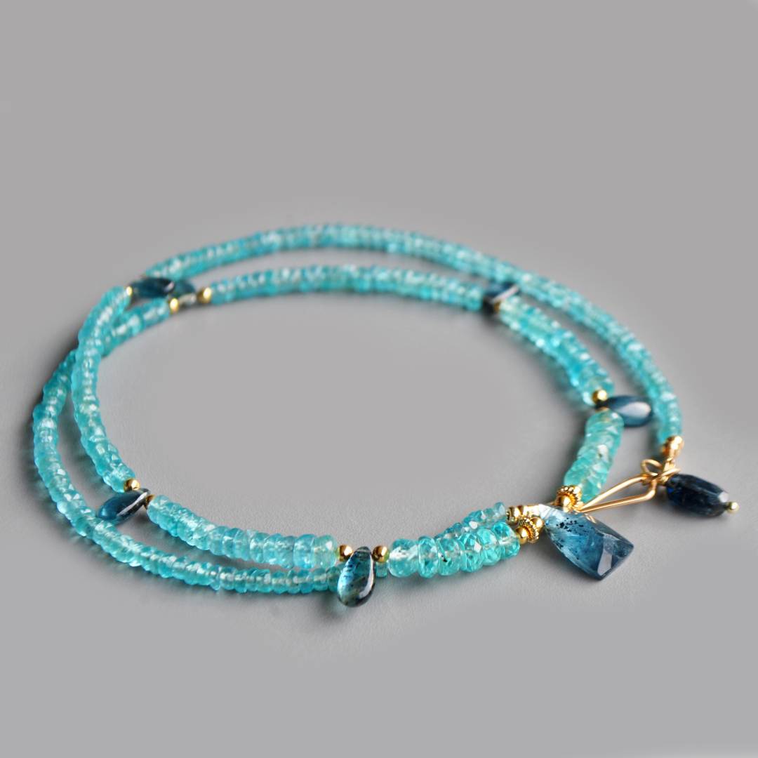 Collier apatite bleue goutte de cyanite Or14K-4