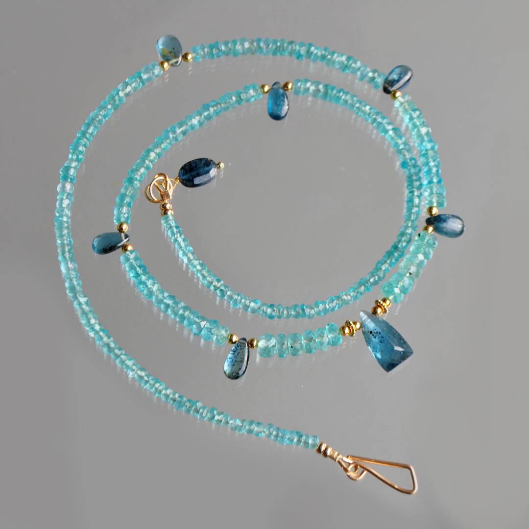 Collier apatite bleue goutte de cyanite Or14K-1