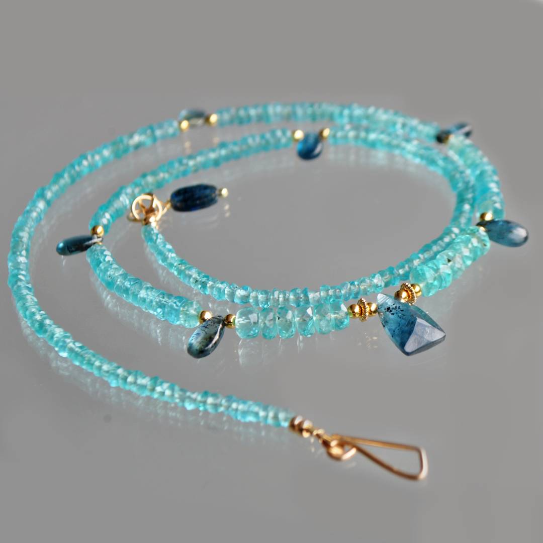Collier apatite bleue goutte de cyanite Or14K-4(1)