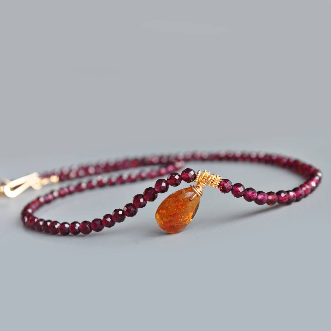 Collier grenat almandin naturel et grenat mandarin Gold Filled