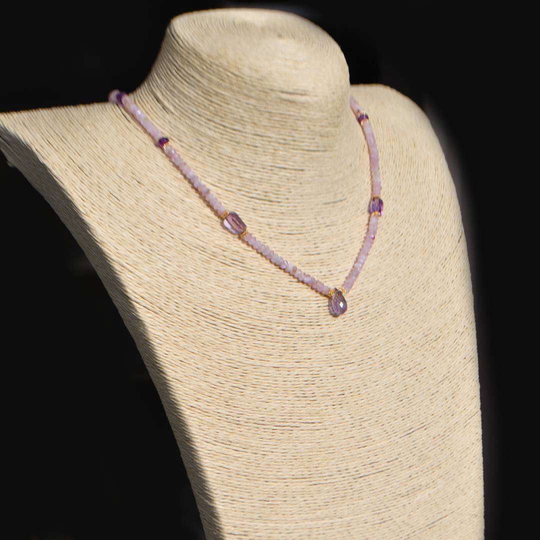 Collier kunzite et goutte amethyste rose -B