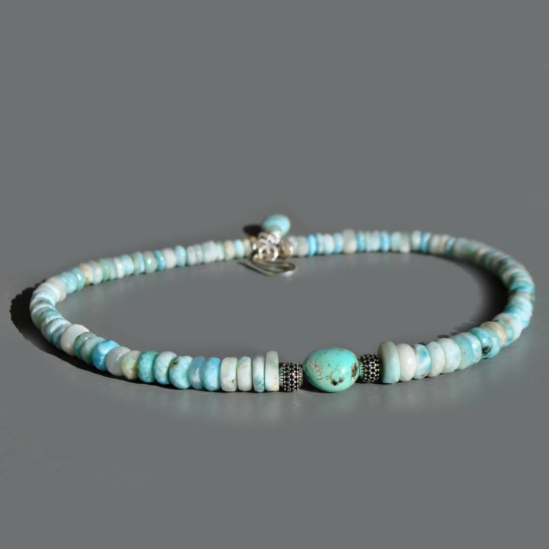 Collier larimar Pierre brute turquoise nevada