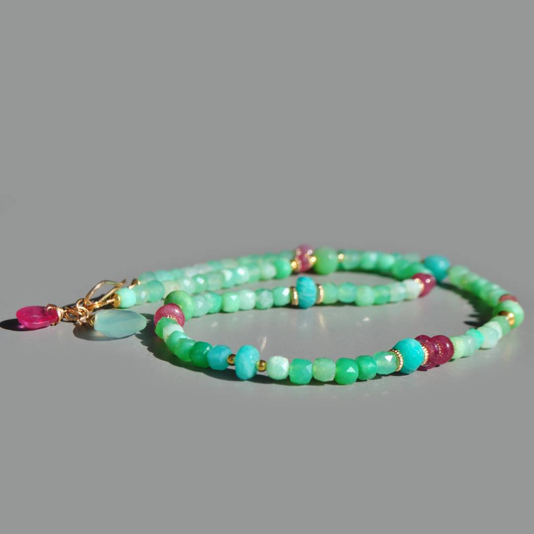 Collier Chrysoprase amazonite saphir rose