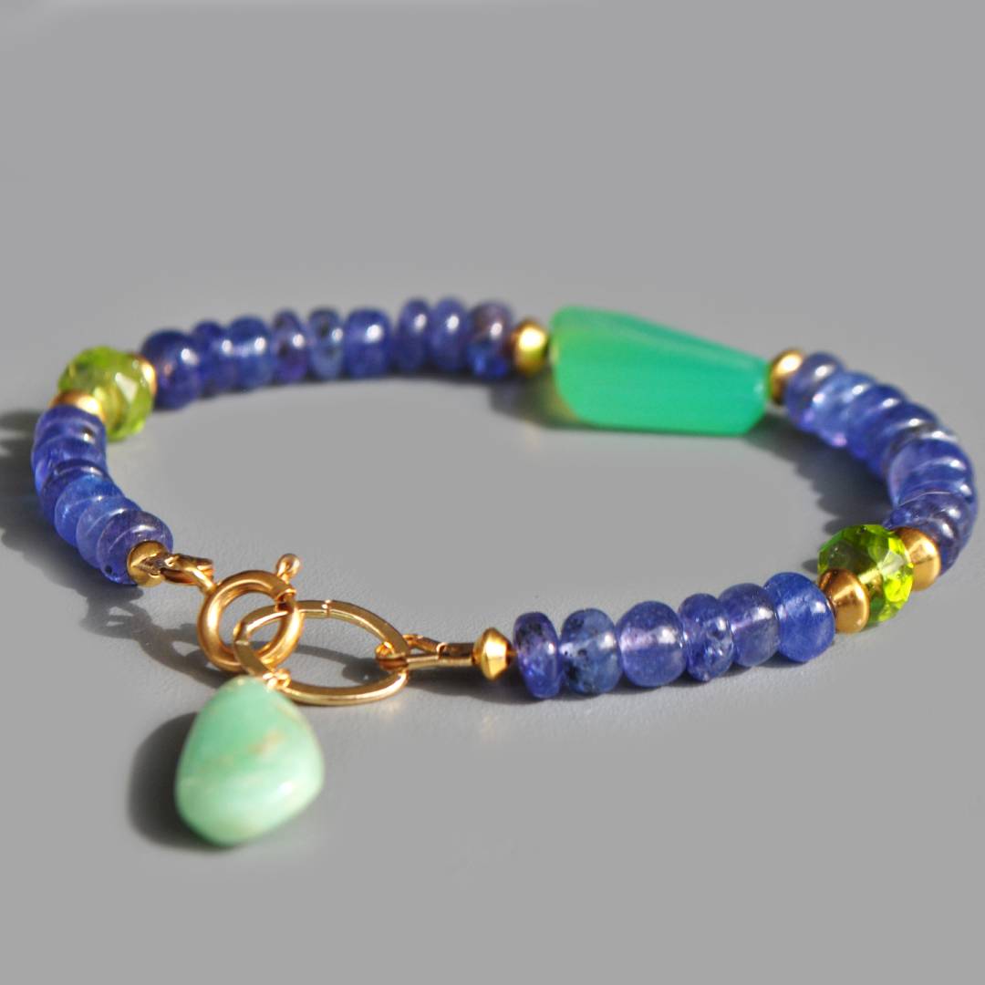 Bracelet Chrysoprase et Tanzanite pierre naturelle Or14K