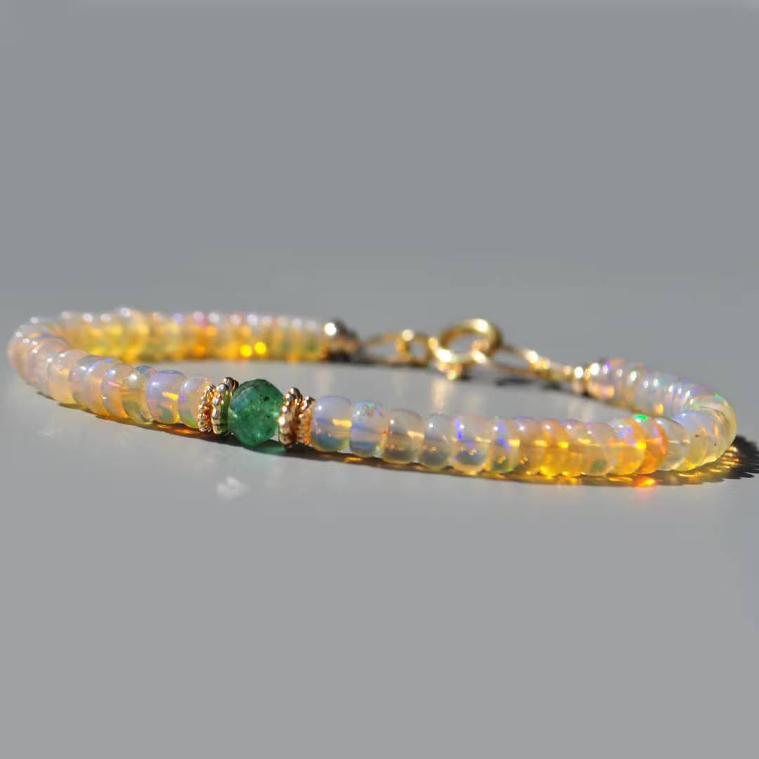 Bracelet Opale Welo et Émeraude de Zambie Or 14K