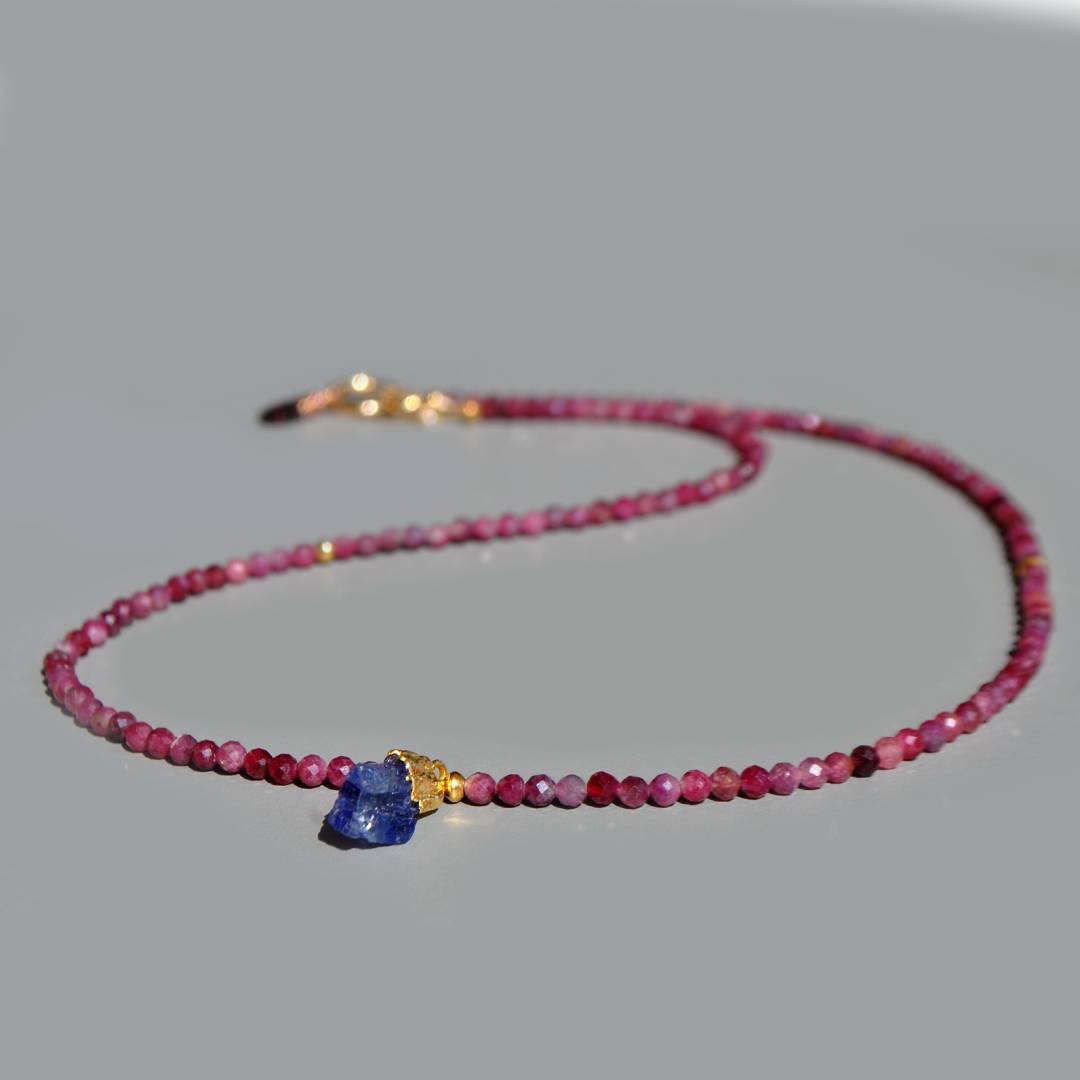 Collier Tourmaline rose Tanzanite brute Or