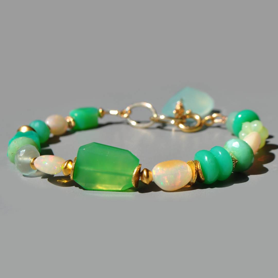 Bracelet en Chrysoprase et Opale welo Ethiopie Or14K - Bijou pierres précieuses