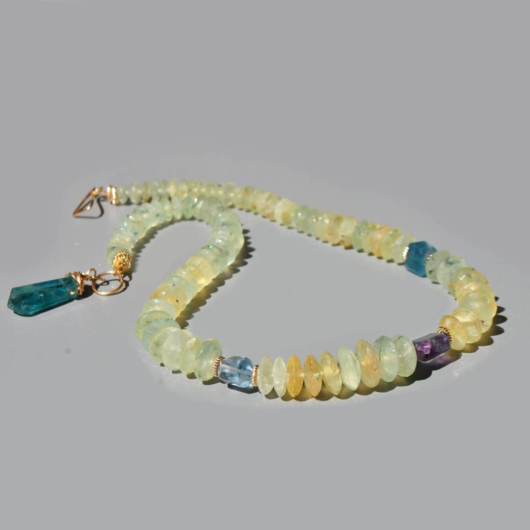 Collier Préhnite Fluorite Or14K - bijou pierres naturelle jaune verte bleue(2)
