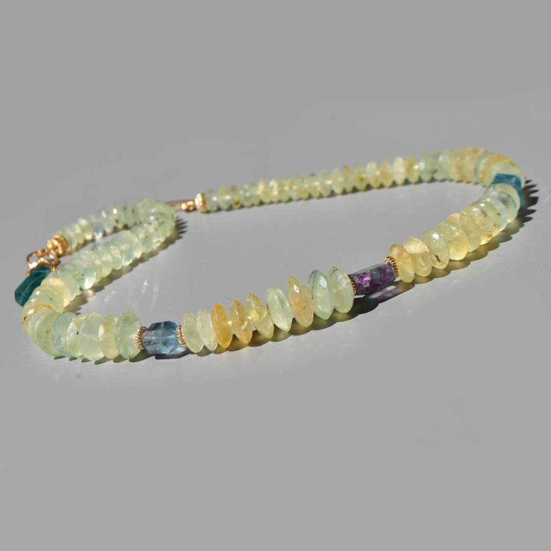 Collier Préhnite Fluorite Or14K - bijou pierres naturelle jaune verte bleue(3)