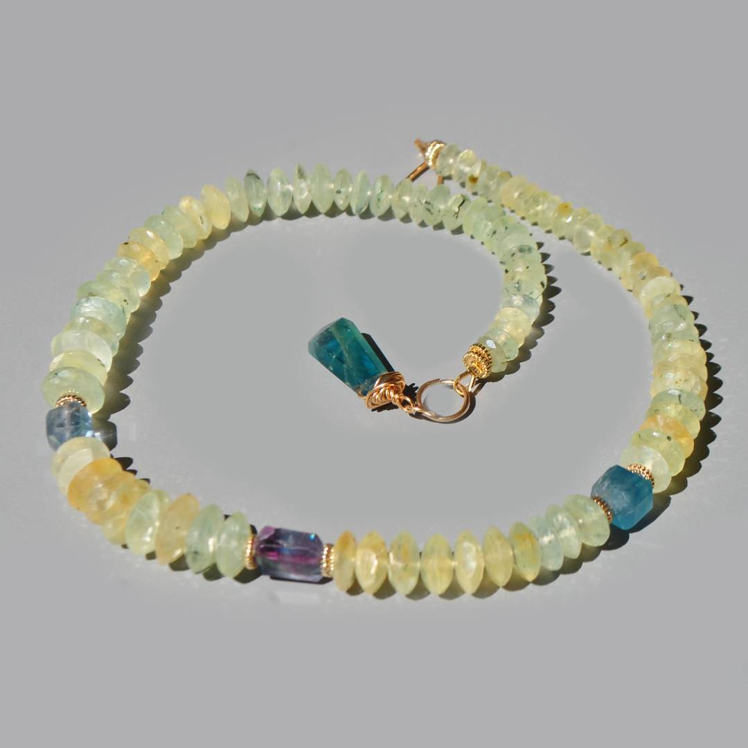 Collier Préhnite Fluorite Or14K - bijou pierres naturelle jaune verte bleue(1)