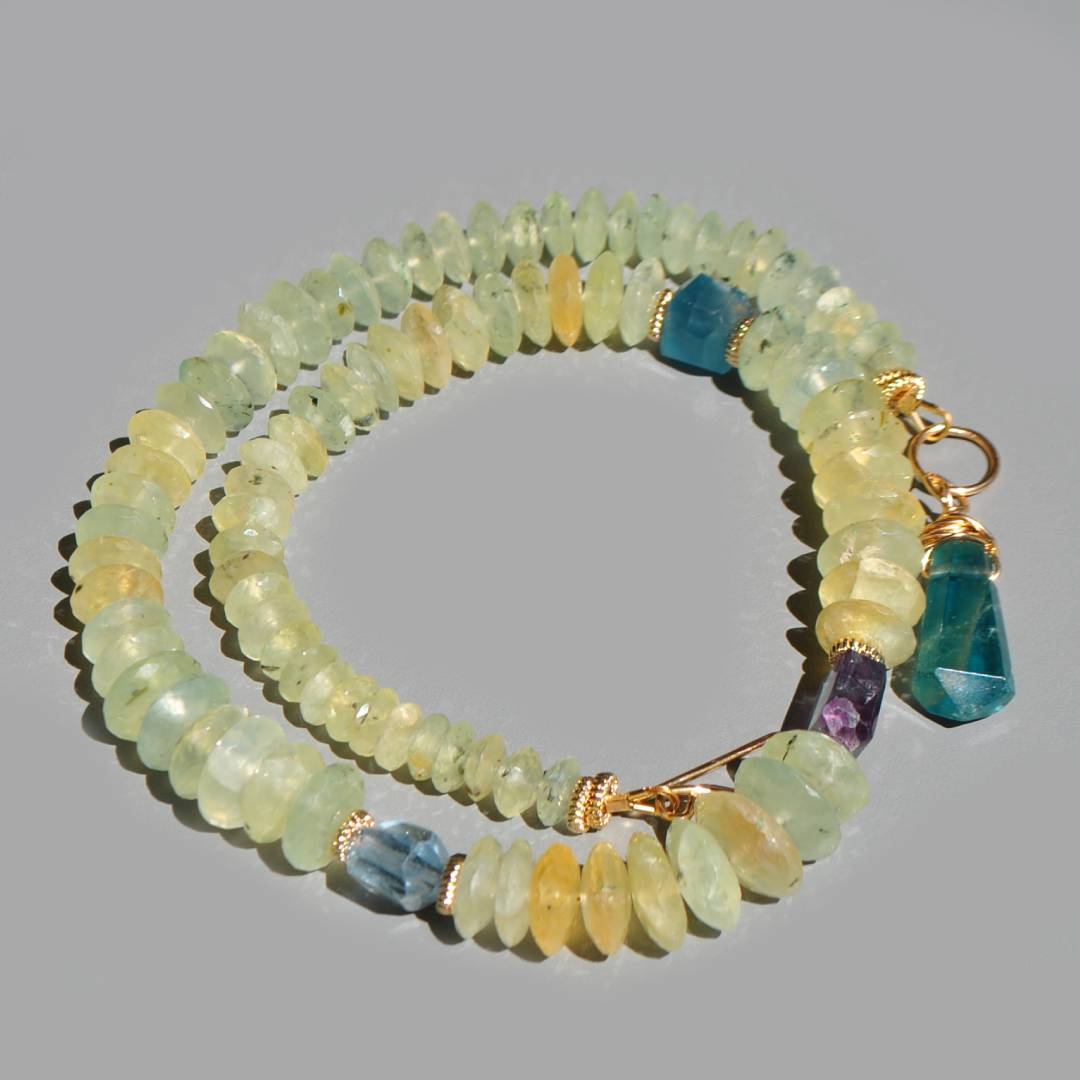 Collier Préhnite Fluorite Or14K - bijou pierres naturelle jaune verte bleue(4)