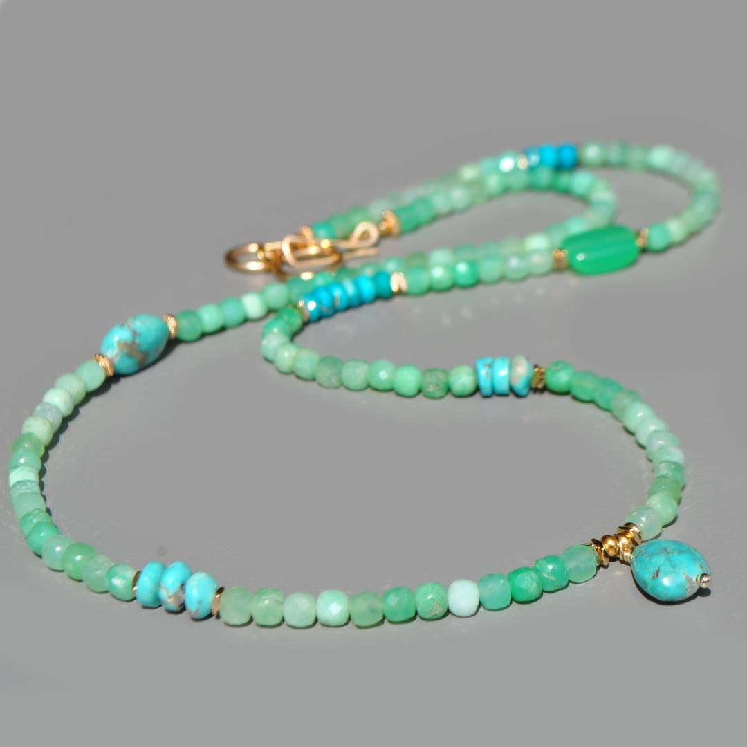 Collier Long Chrysoprase Verte et Pendentif Turquoise du Nevada – Or 14K Gold Filled(7)