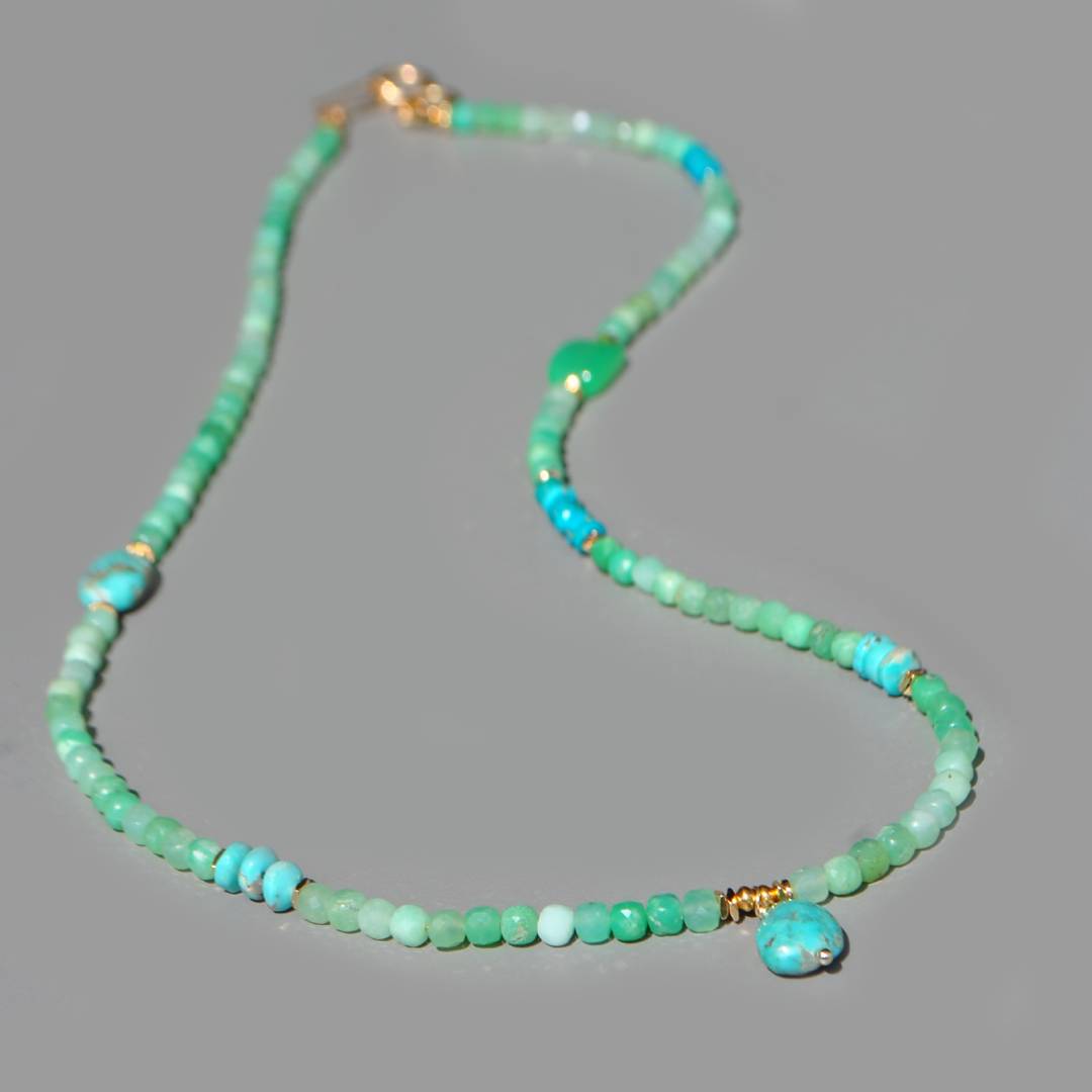 Collier Long Chrysoprase Verte et Pendentif Turquoise du Nevada – Or 14K Gold Filled(8)