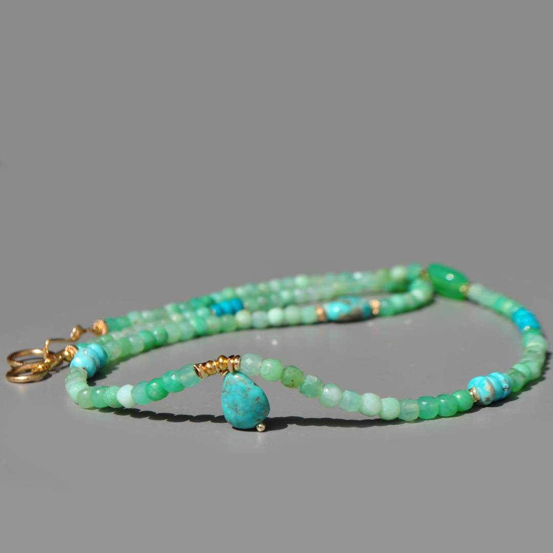 Collier Long Chrysoprase Verte et Pendentif Turquoise du Nevada – Or 14K Gold Filled(11)