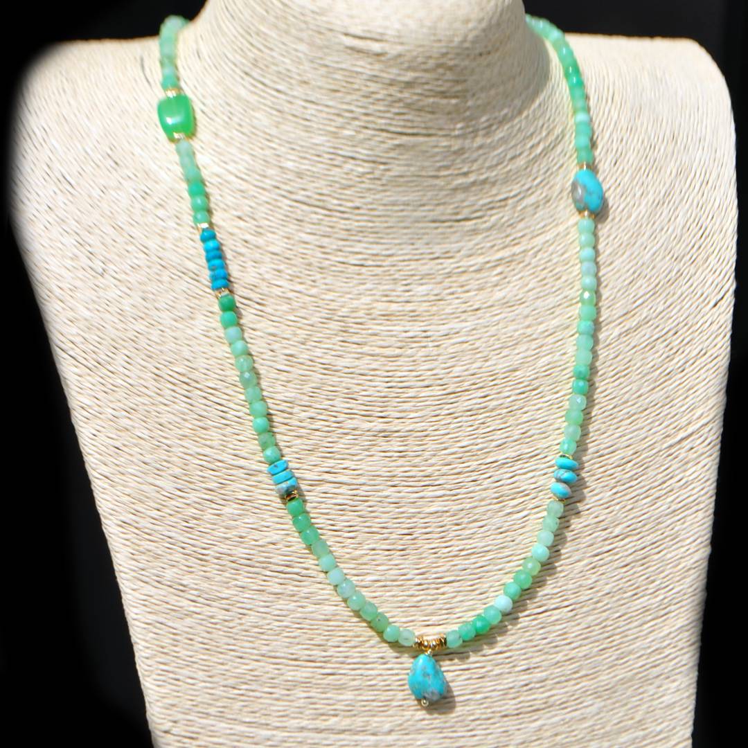 Collier Long Chrysoprase Verte et Pendentif Turquoise du Nevada – Or 14K Gold Filled(13)