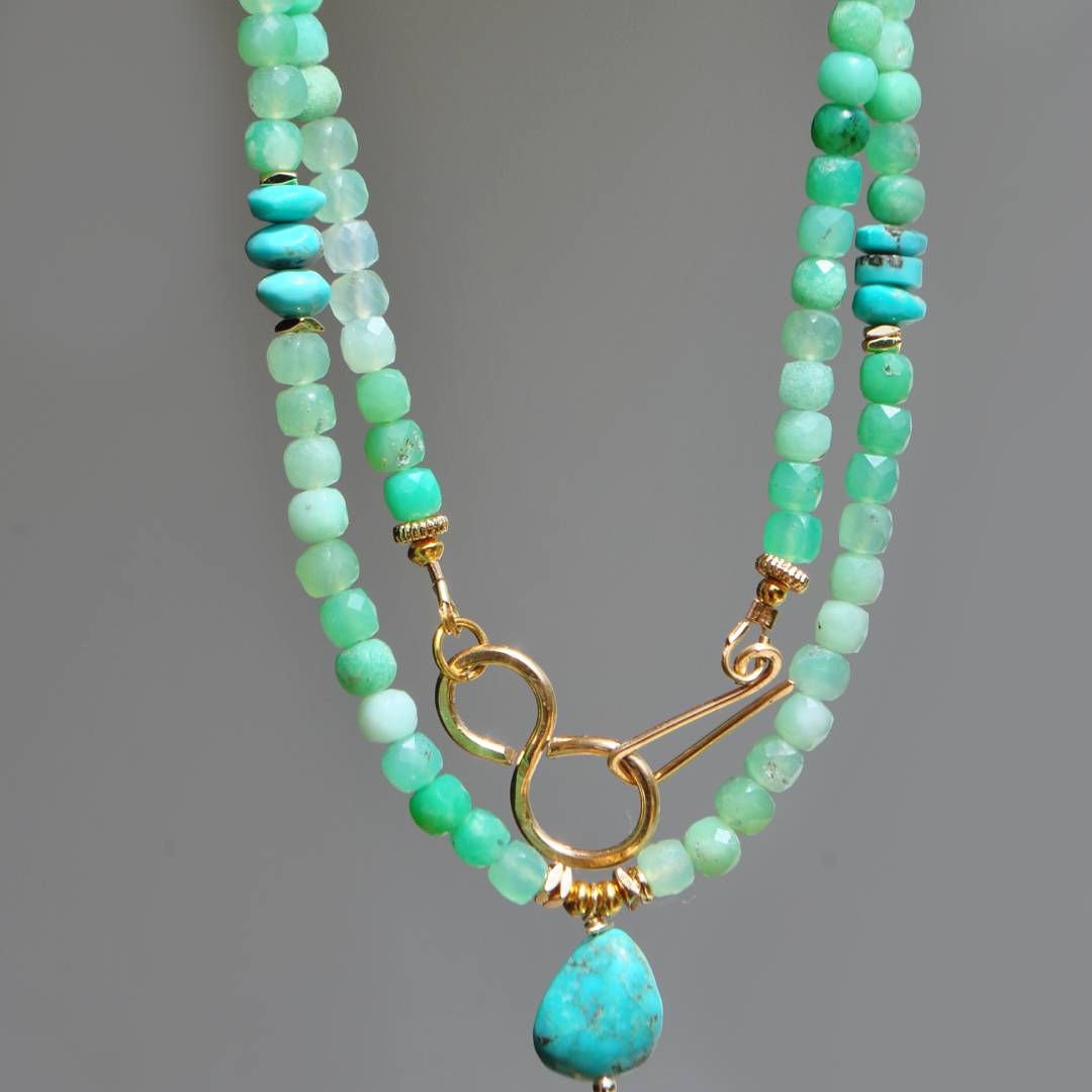 Collier Long Chrysoprase Verte et Pendentif Turquoise du Nevada – Or 14K Gold Filled(14)