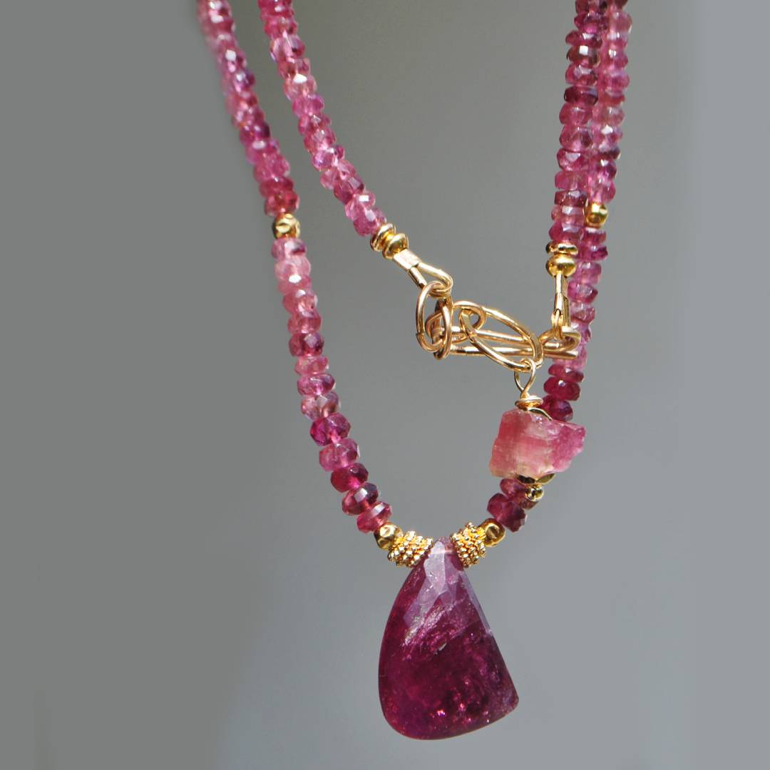 Collier long tourmaline pendentif rubellite or(4)