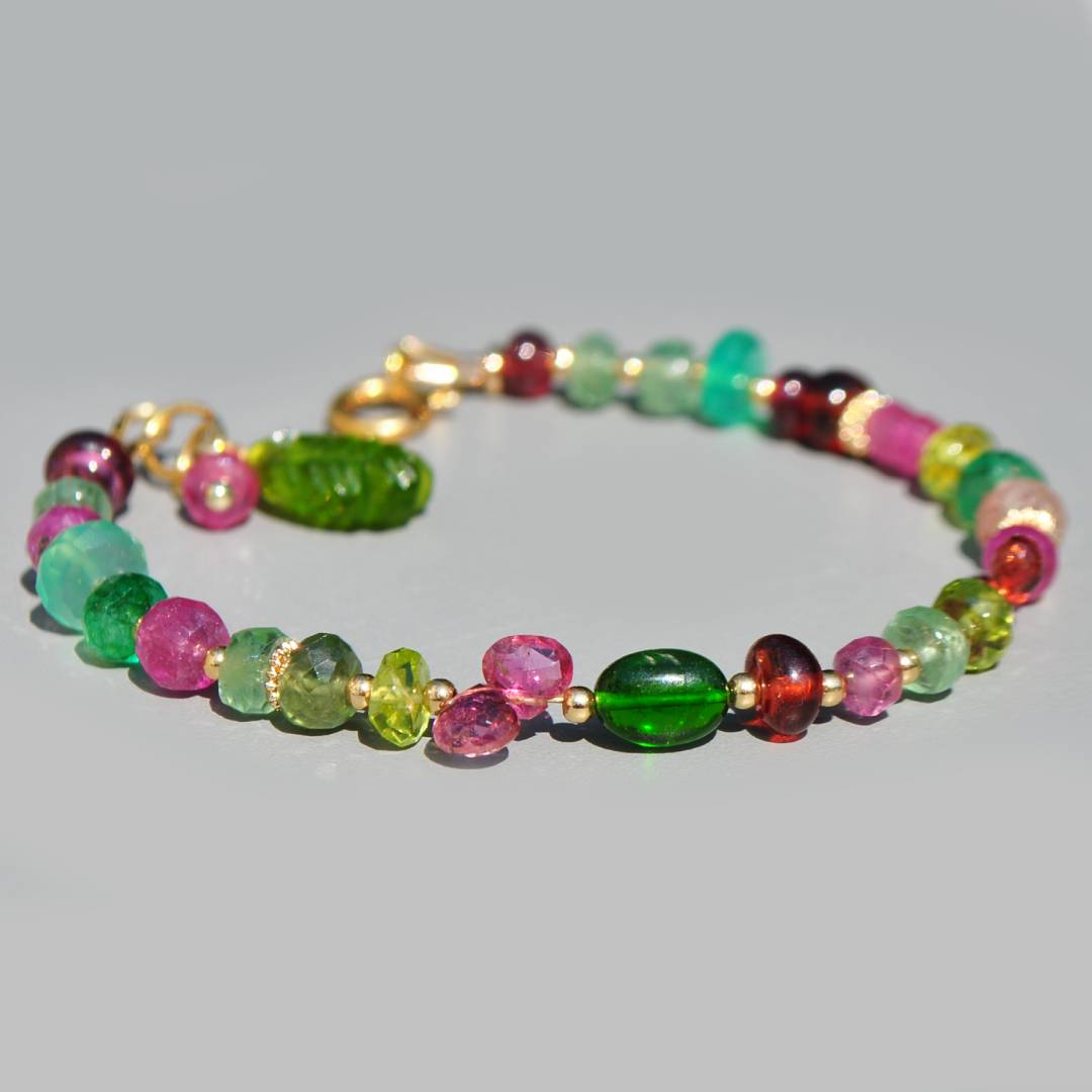 Bracelet Multi-Pierres Roses et Vertes en Or 14K
