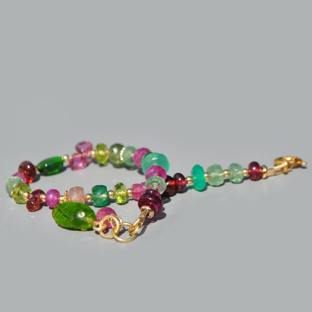 Bracelet Multi-Pierres Roses et Vertes en Or 14K(8)