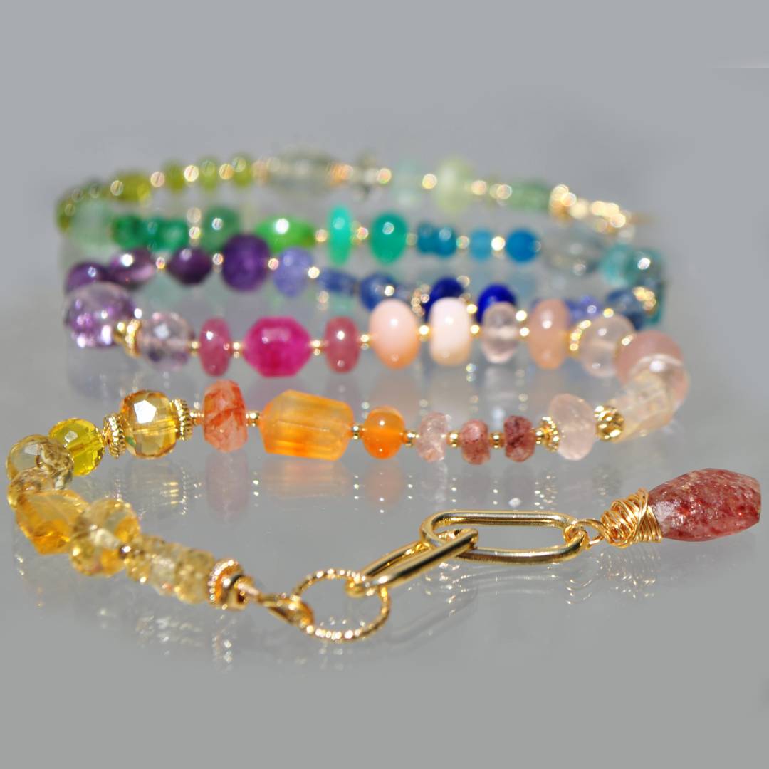 Collier Multicolore Pierres Précieuses Arc-en-Ciel, Améthyste Rose, Tanzanite, Émeraude, Saphir, Bijou Dos Nu Or Gold Filled 14K(8)