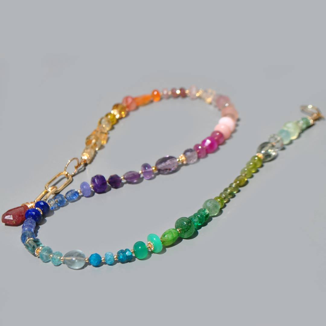 Collier Multicolore Pierres Précieuses Arc-en-Ciel, Améthyste Rose, Tanzanite, Émeraude, Saphir, Bijou Dos Nu Or Gold Filled 14K(1)