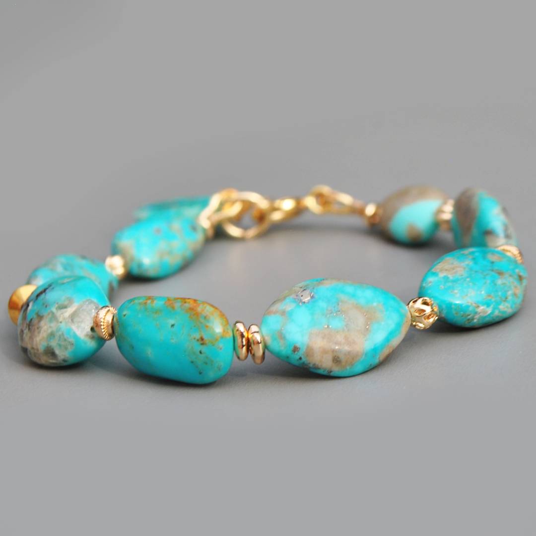 Bracelet Turquoise du Nevada Grosses Pépites Or Gold Filled 14K -3