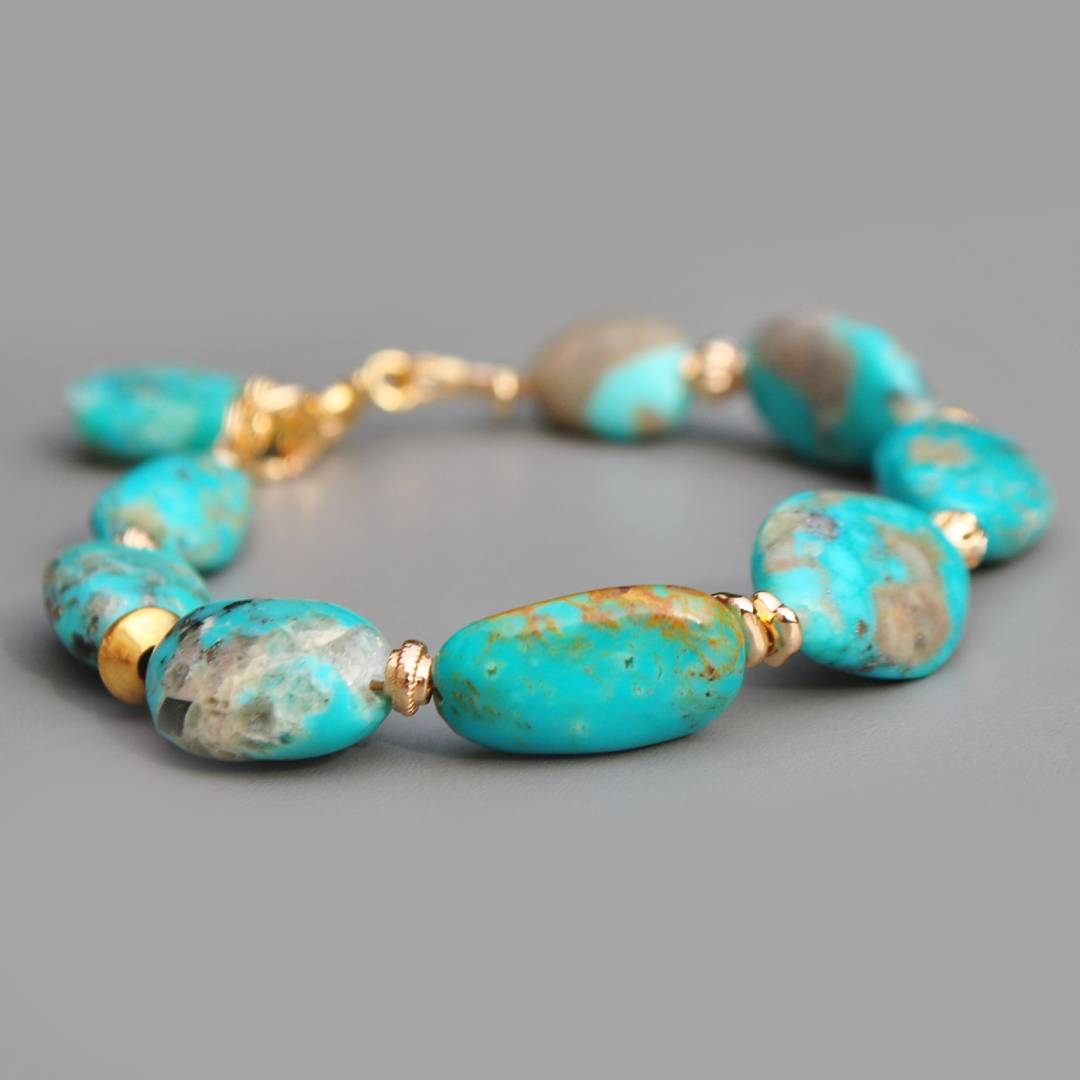 Bracelet Turquoise du Nevada Grosses Pépites Or Gold Filled 14K -2