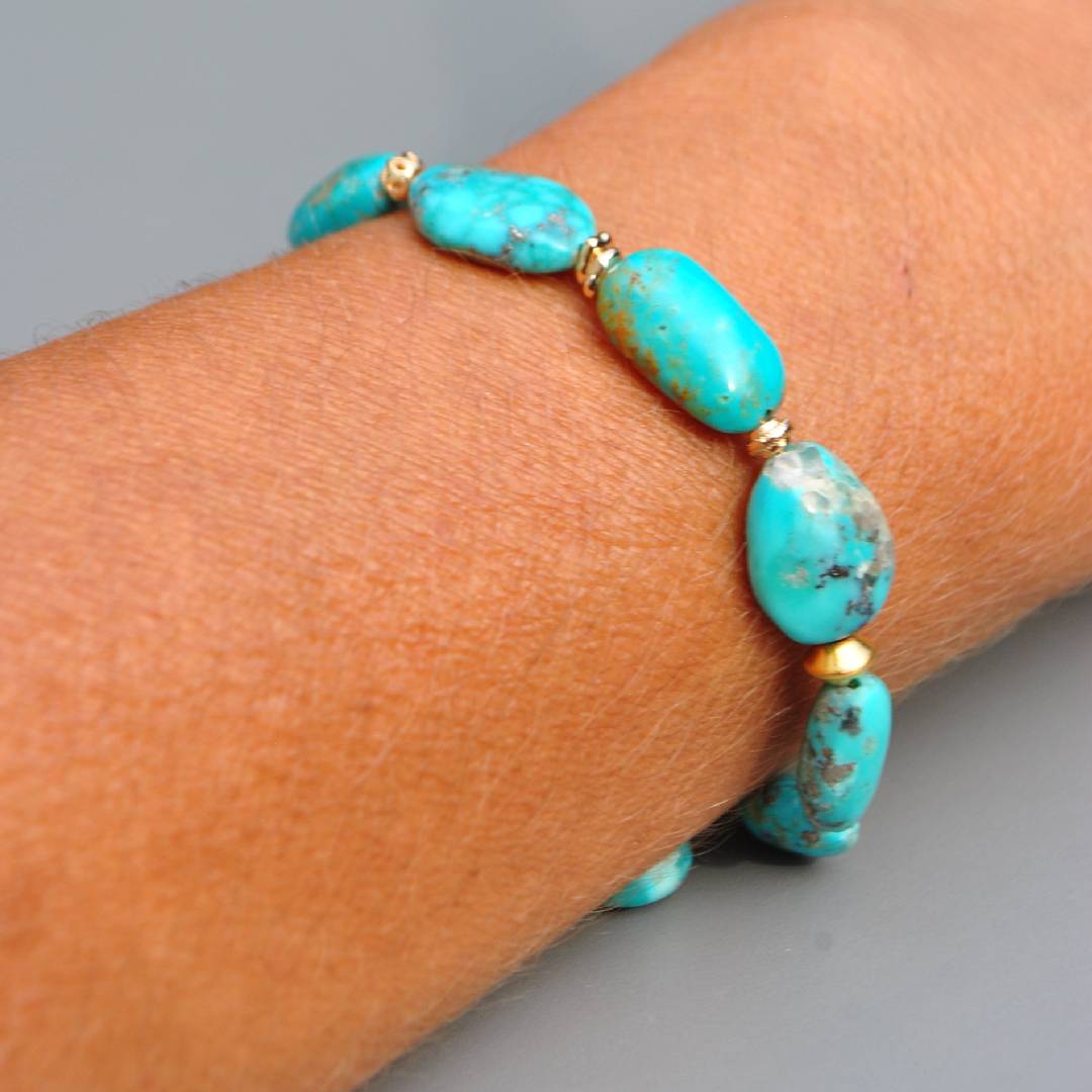 Bracelet Turquoise du Nevada Grosses Pépites Or Gold Filled 14K -7