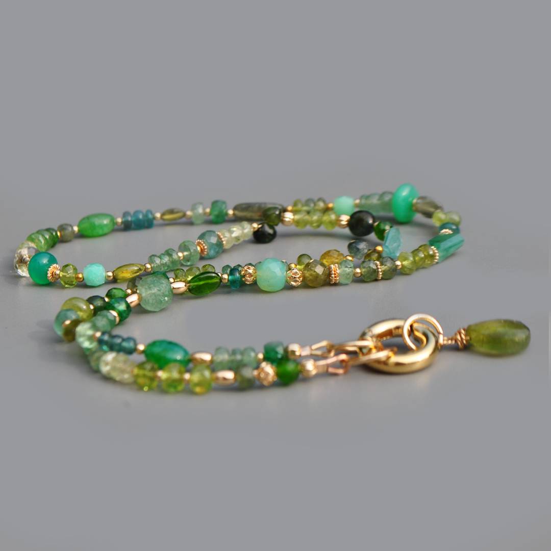 Collier Multi-pierres Vert Or 14K _ Émeraude Péridot Tourmaline Verte Bijou Modulable-4