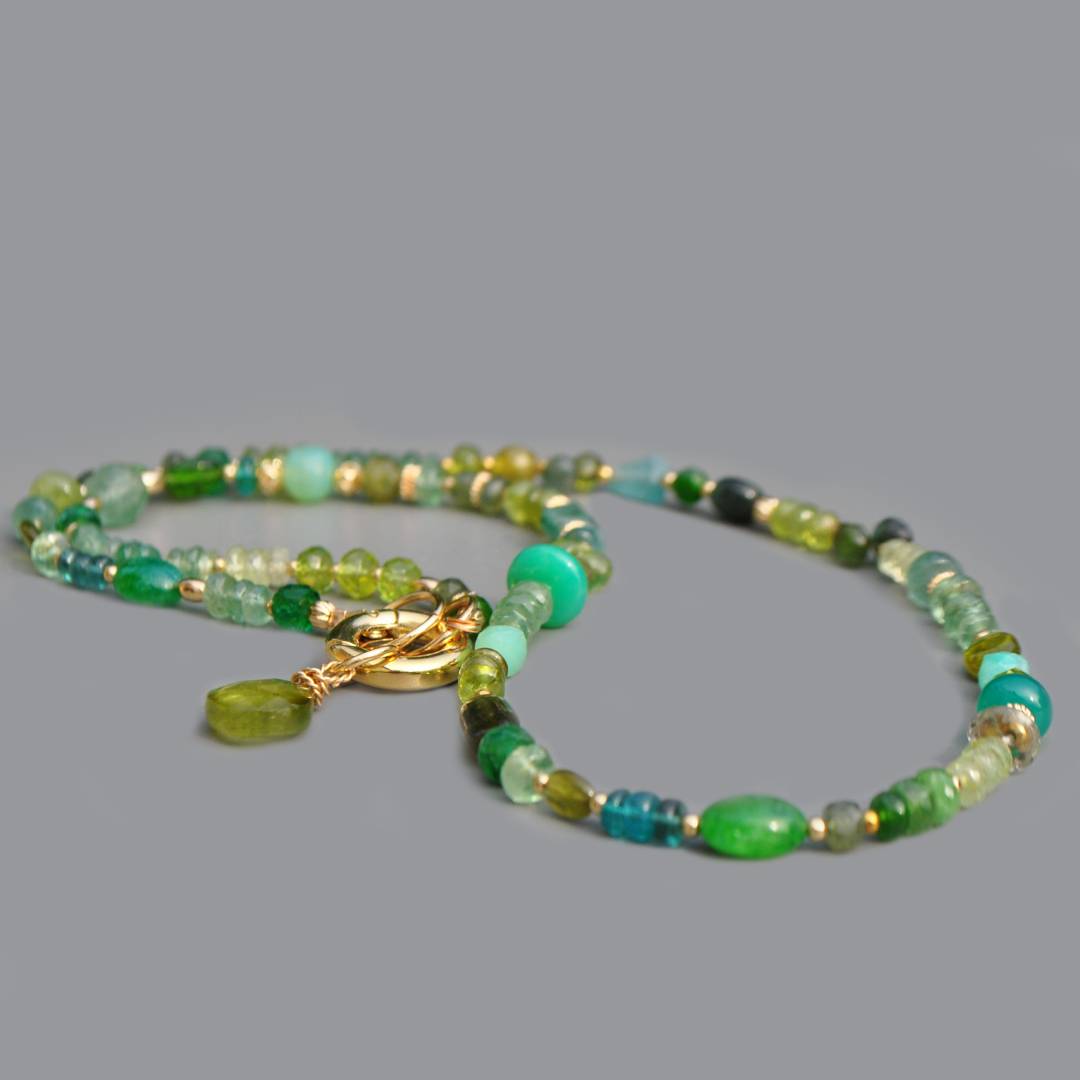 Collier Multi-pierres Vert Or 14K _ Émeraude Péridot Tourmaline Verte Bijou Modulable-6