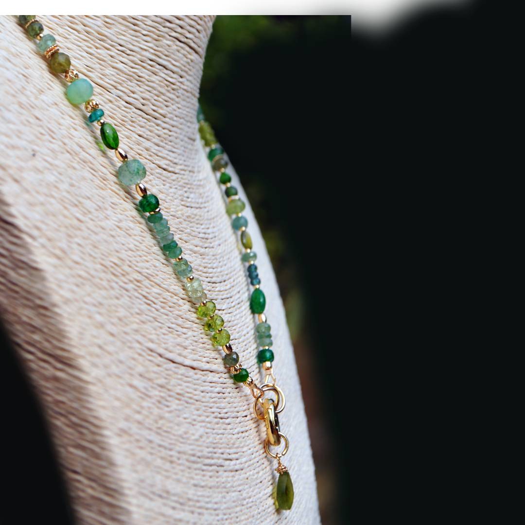 Collier Multi-pierres Vert Or 14K _ Émeraude Péridot Tourmaline Verte Bijou Modulable-9