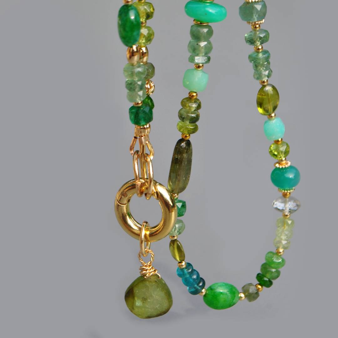 Collier Multi-pierres Vert Or 14K _ Émeraude Péridot Tourmaline Verte Bijou Modulable-8