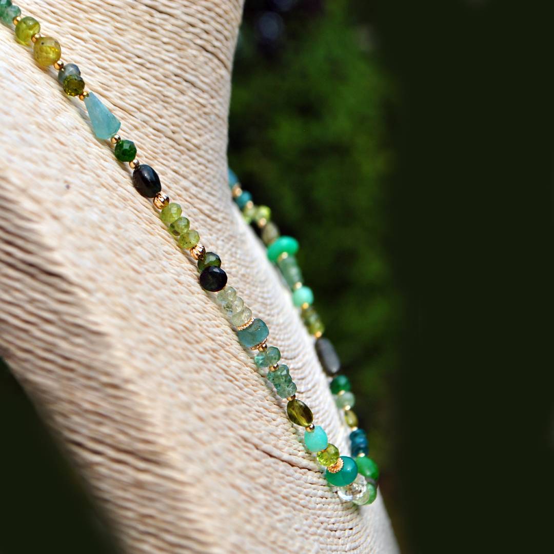 Collier Multi-pierres Vert Or 14K _ Émeraude Péridot Tourmaline Verte Bijou Modulable-10