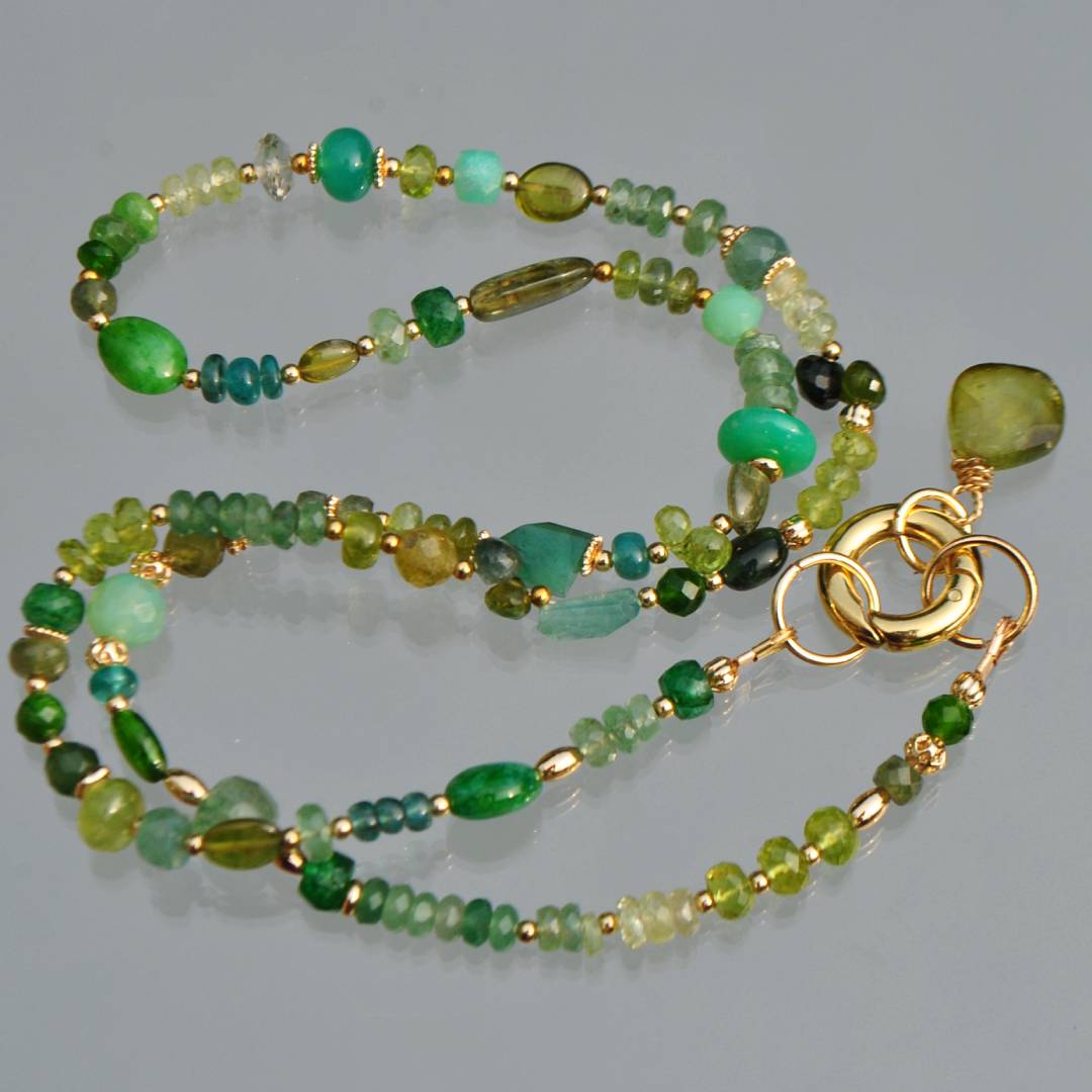 Collier Multi-pierres Vert Or 14K _ Émeraude Péridot Tourmaline Verte Bijou Modulable-11