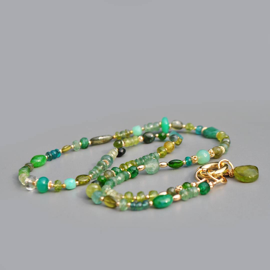 Collier Multi-pierres Vert Or 14K _ Émeraude Péridot Tourmaline Verte Bijou Modulable