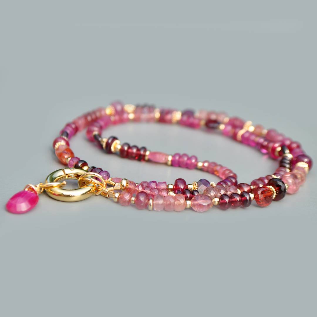 Collier Multi-pierres roses Or 14K _ Saphir, Grenat Rhodolite, Tourmaline et Saphir Rose Or 14K