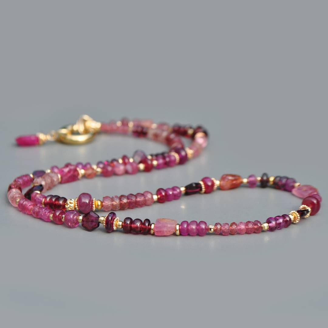 Collier Multi-pierres roses Or 14K _ Saphir, Grenat Rhodolite, Tourmaline et Saphir Rose Or 14K -4
