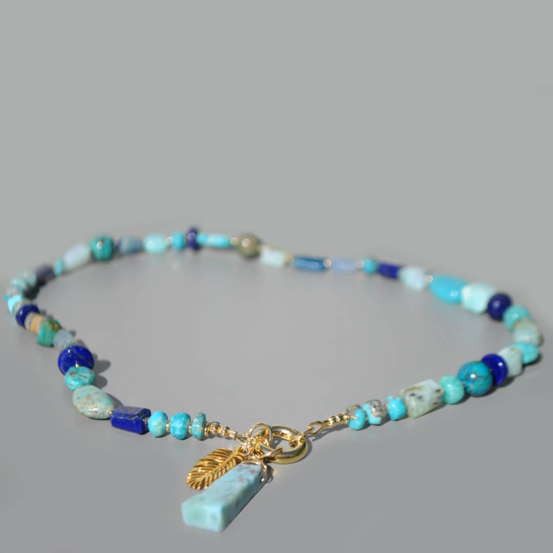 collier plume or pendentif larimar turquoise lapis opale -1