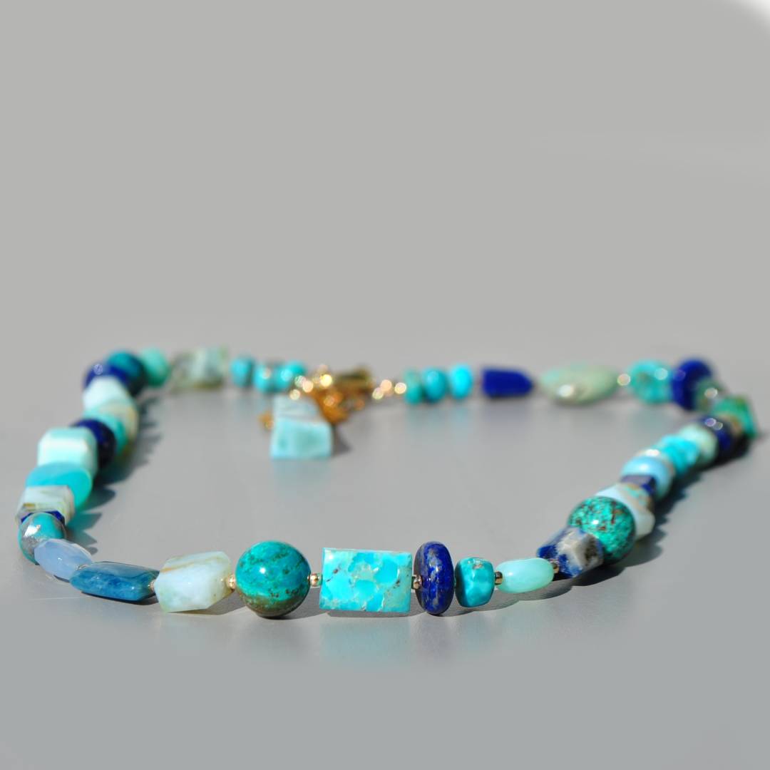 collier plume or pendentif larimar turquoise lapis opale -3