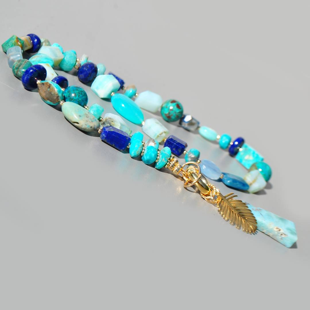 collier plume or pendentif larimar turquoise lapis opale -6