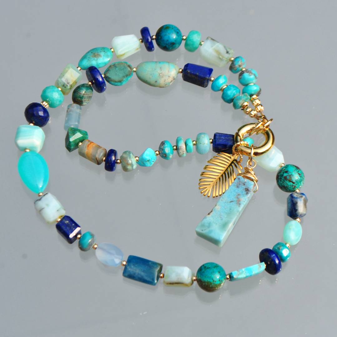 collier plume or pendentif larimar turquoise lapis opale -8