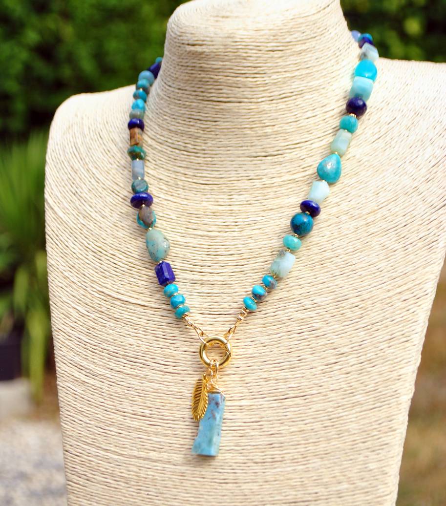 collier plume or pendentif larimar turquoise lapis opale -10