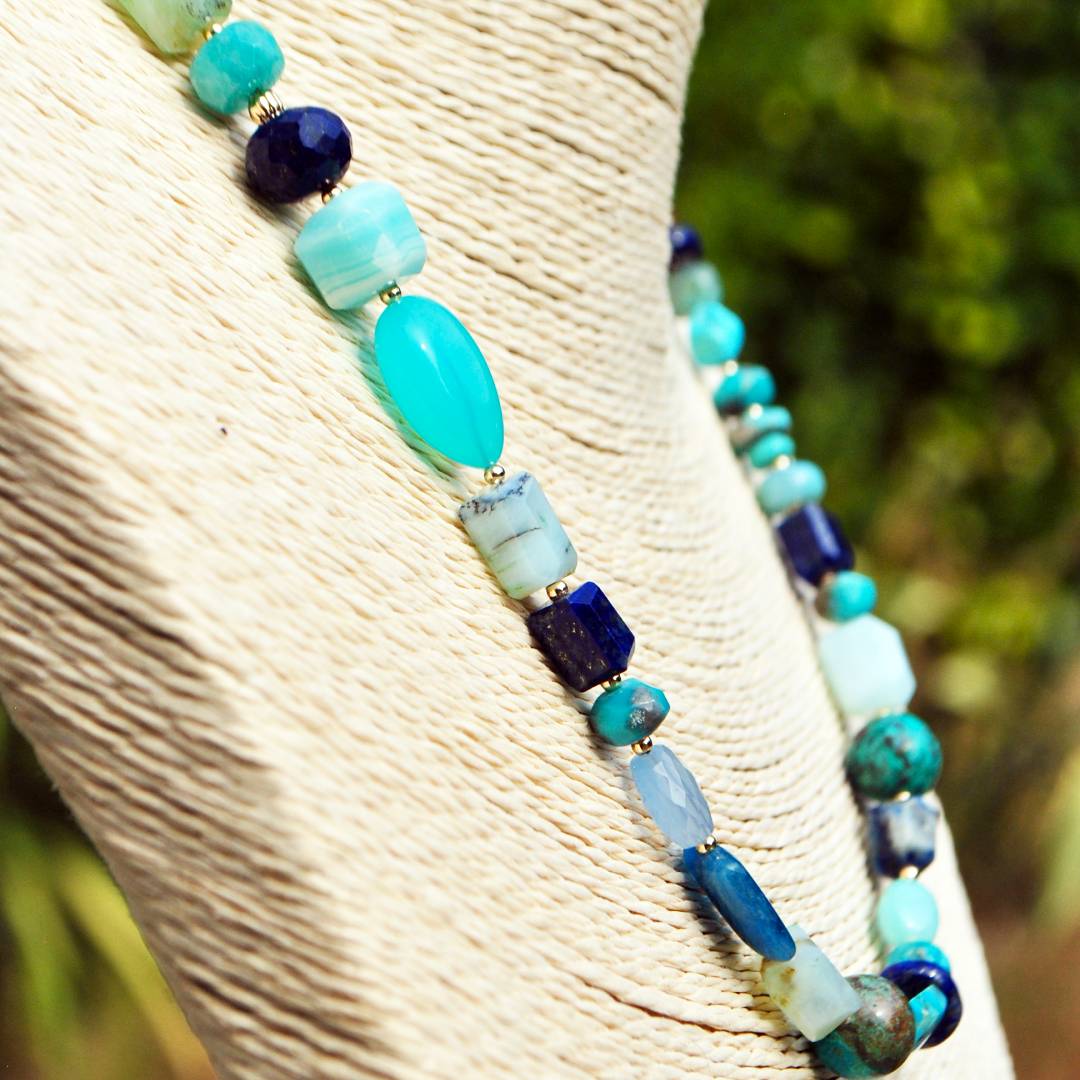 collier plume or pendentif larimar turquoise lapis opale -11