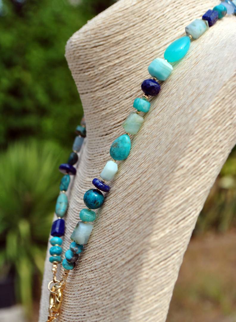 collier plume or pendentif larimar turquoise lapis opale -B