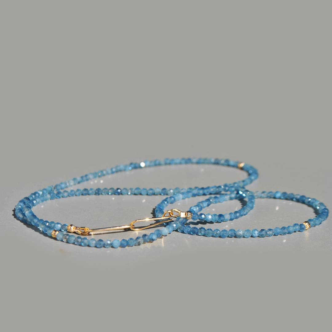 sautoir aigue marine bleue intense or