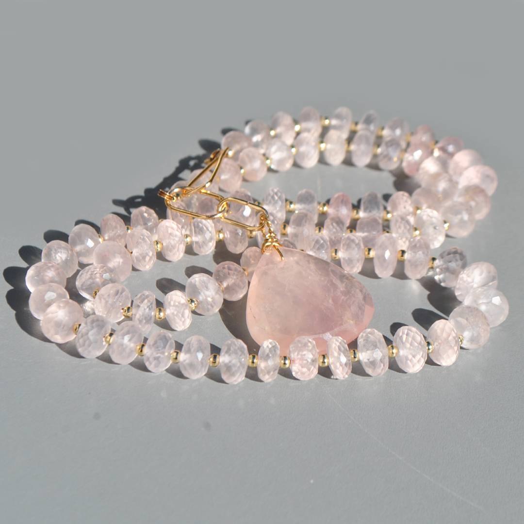collier long perle facette de quartz rose naturelle-2
