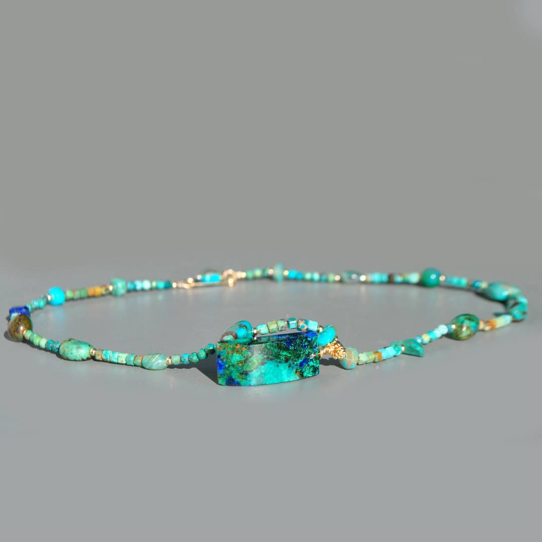 Collier pendentif Chrysocolle malachite, perles de turquoise amerindienne Opale perou-1