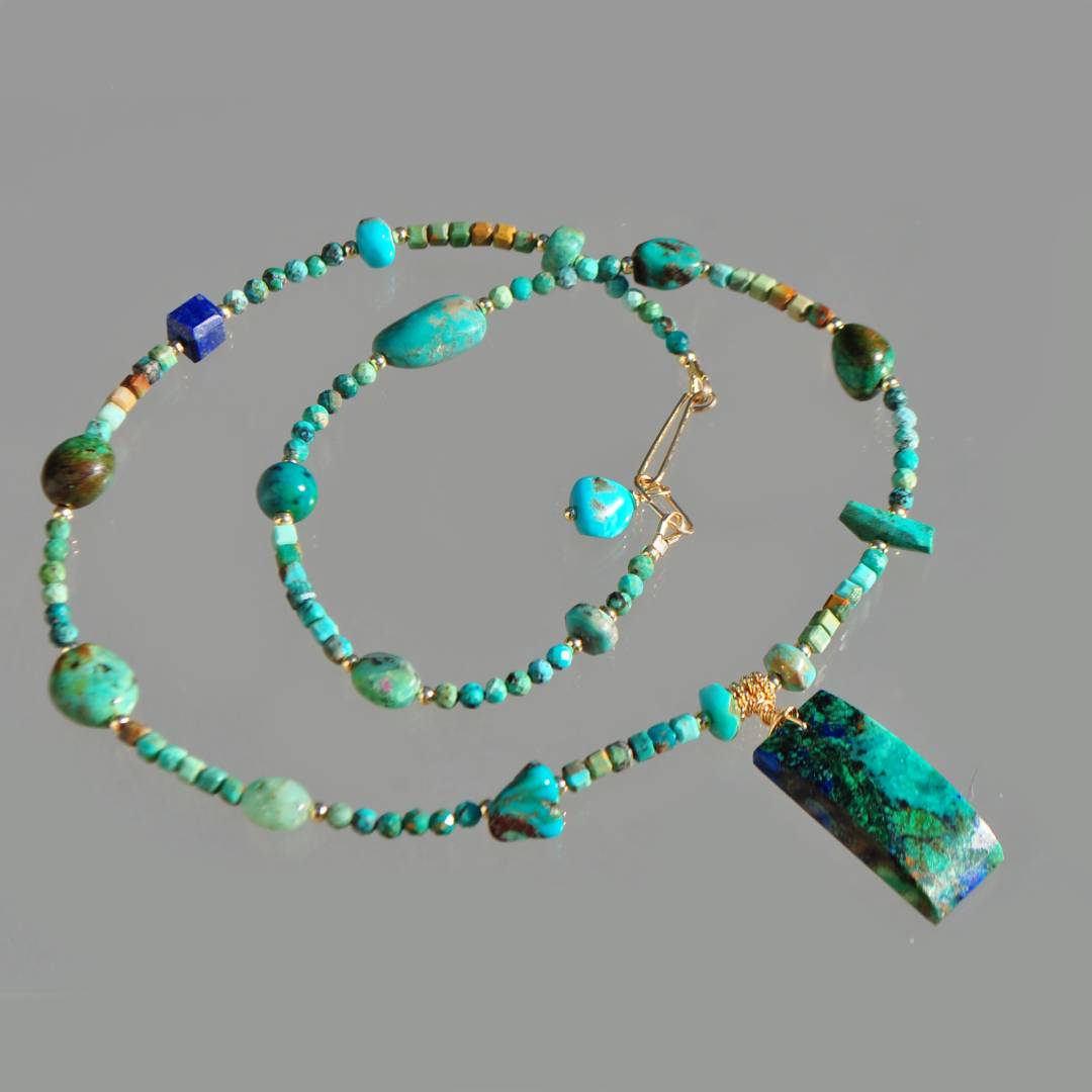 Collier pendentif Chrysocolle malachite, perles de turquoise amerindienne Opale perou-8