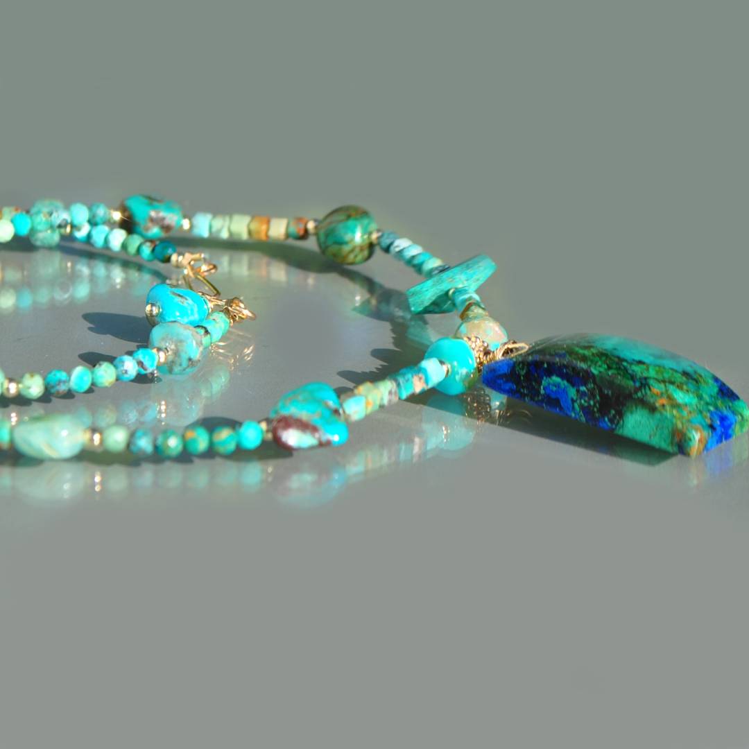 Collier pendentif Chrysocolle malachite, perles de turquoise amerindienne Opale perou-7